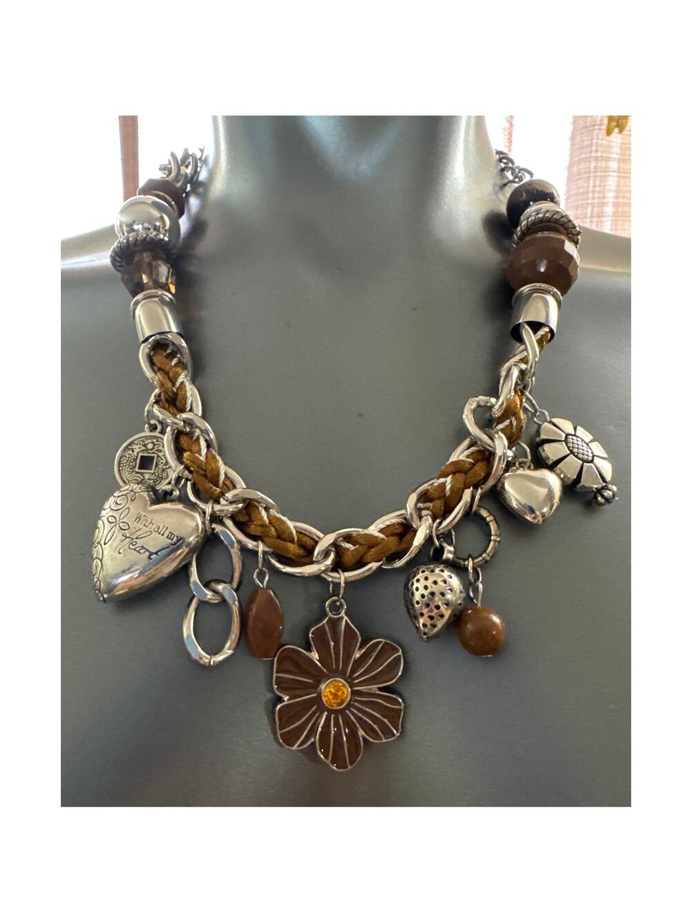 Brown & Silver Braided Cord & Chain Necklace Flower, Strawberries, Hearts Charms